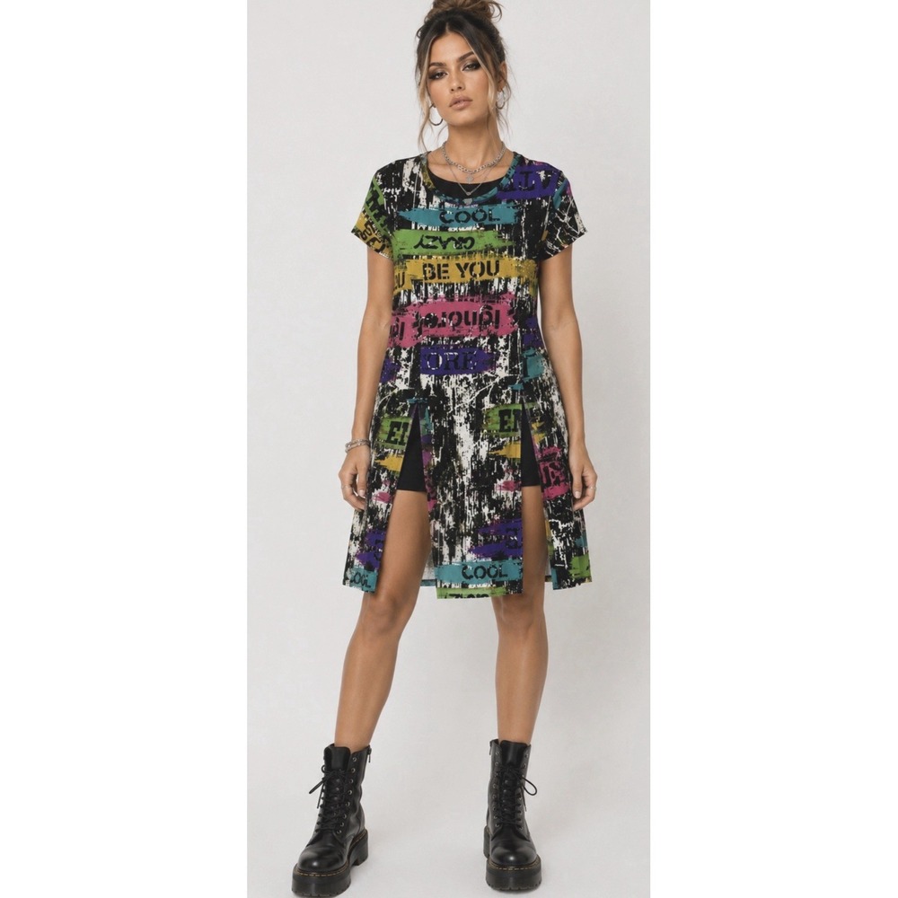 Y2K NYC Womens Mesh Graffiti Slit Midi Top Size S Club Cyber Art Rave Grunge